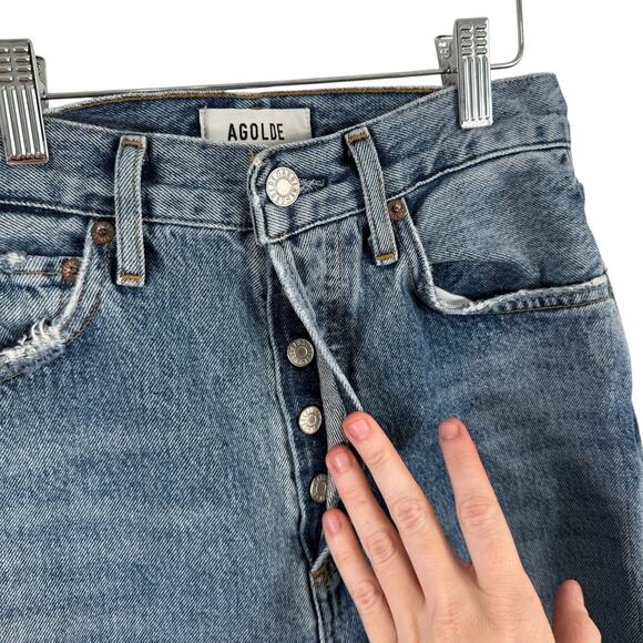 Agolde 90s Pinch Waist Jeans Button Fly Distressed Lineup Medium Wash Womens 24 - Picture 5 of 11